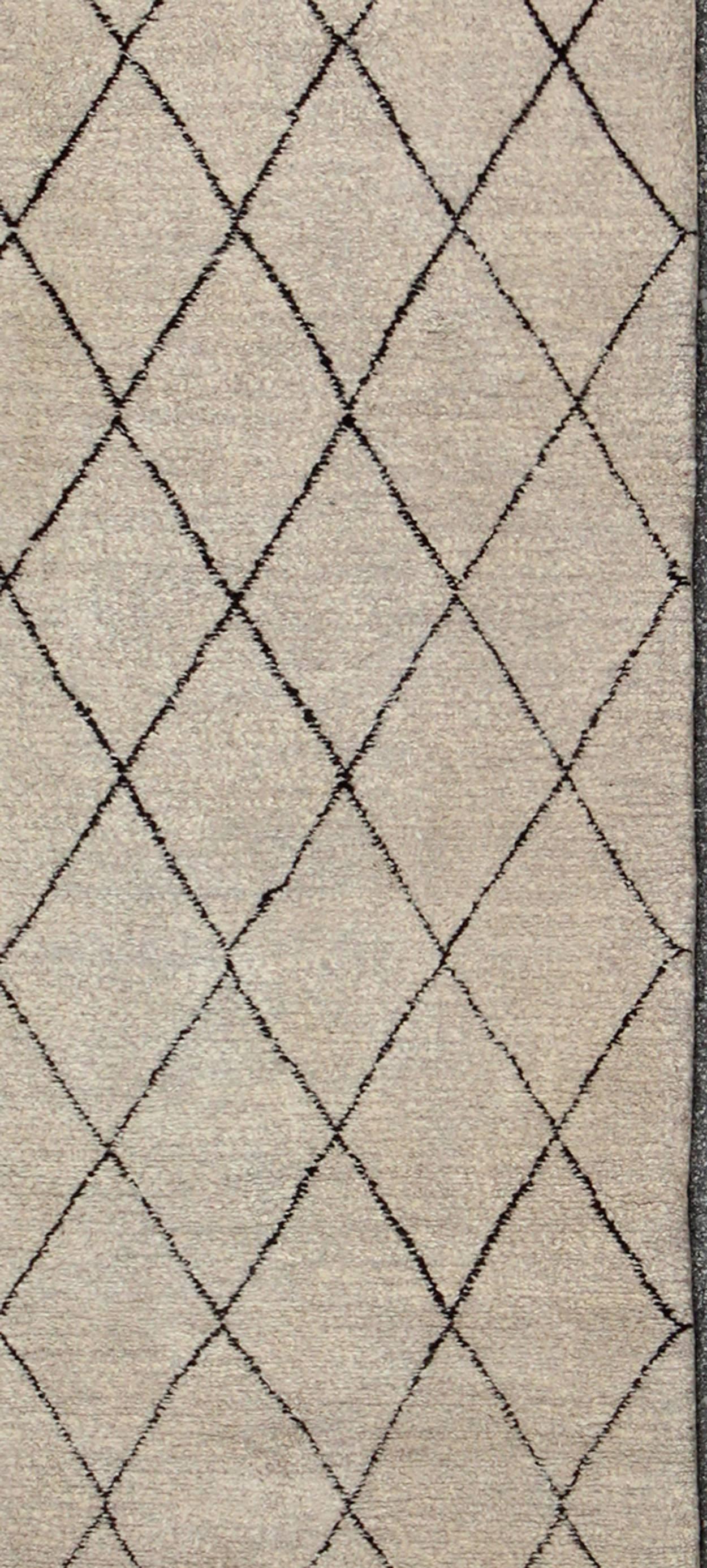 Tribal Long Contemporary Moroccan Runner with Brown and Ivory Diamond Pattern