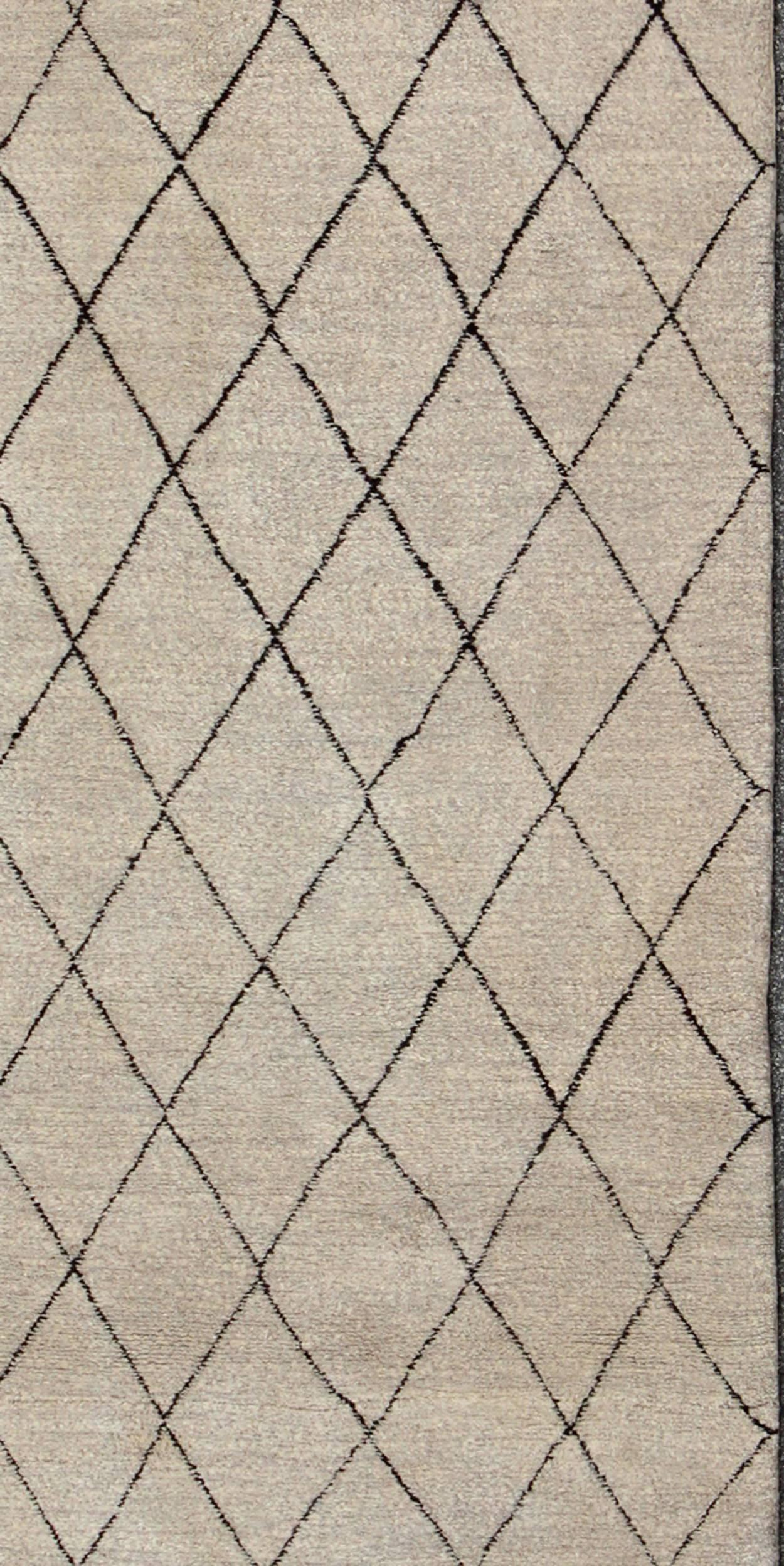 Hand-Knotted Long Contemporary Moroccan Runner with Brown and Ivory Diamond Pattern