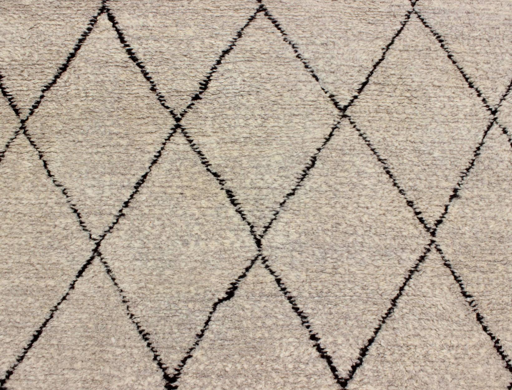 Wool Long Contemporary Moroccan Runner with Brown and Ivory Diamond Pattern