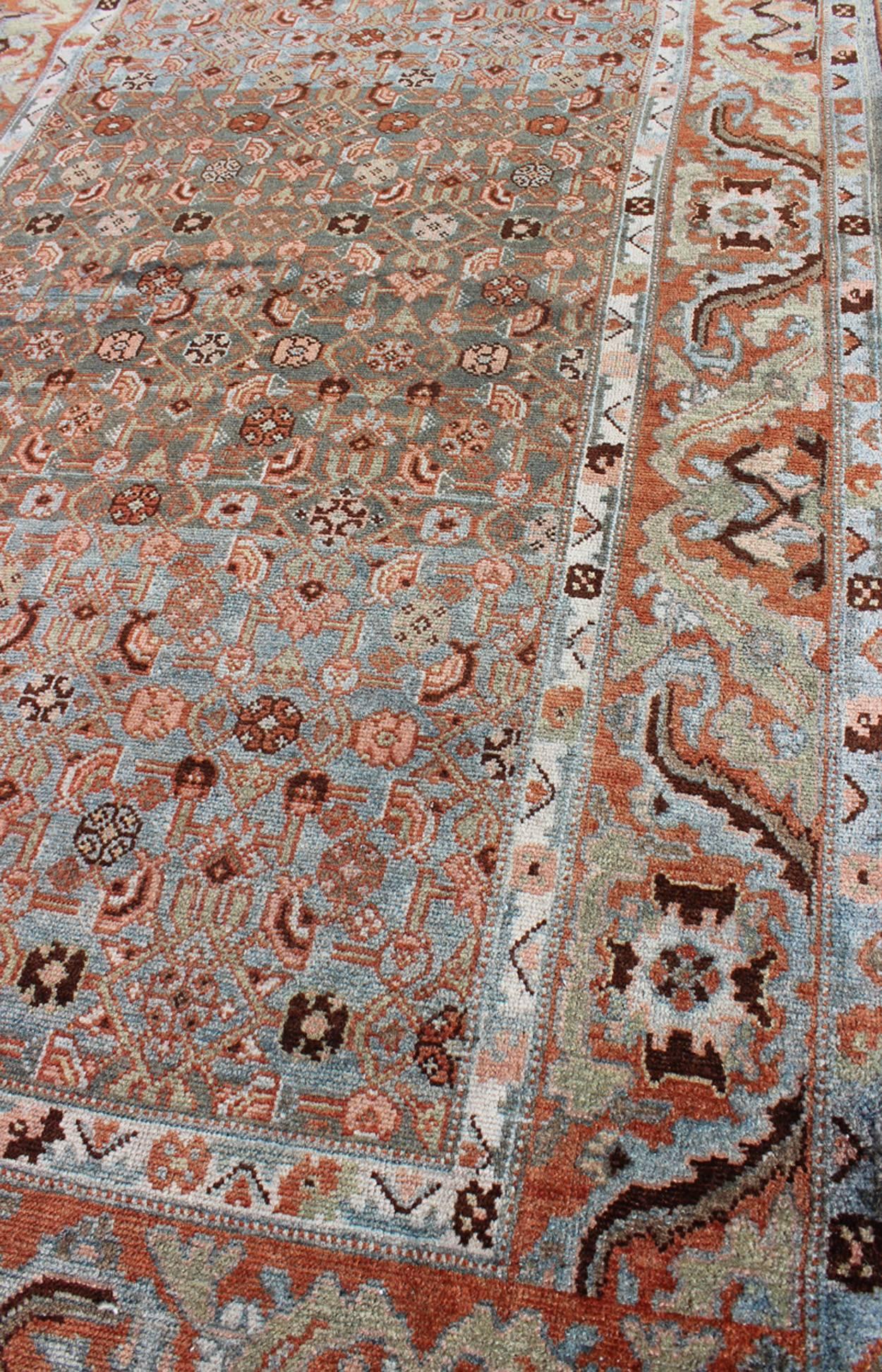 Multicolored Antique Persian Malayer Runner with Blue Background, Floral Motifs 1