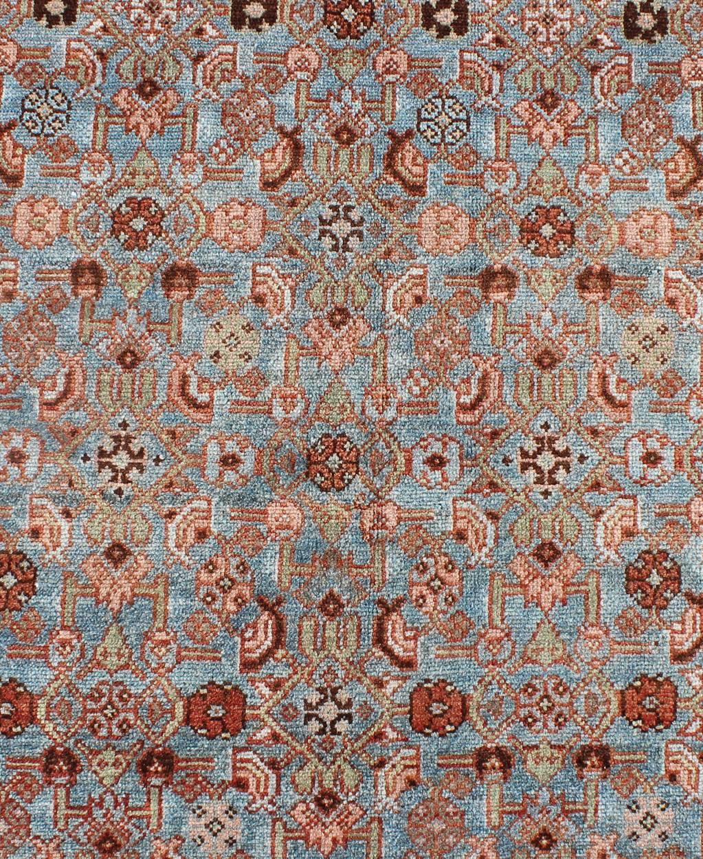 20th Century Multicolored Antique Persian Malayer Runner with Blue Background, Floral Motifs