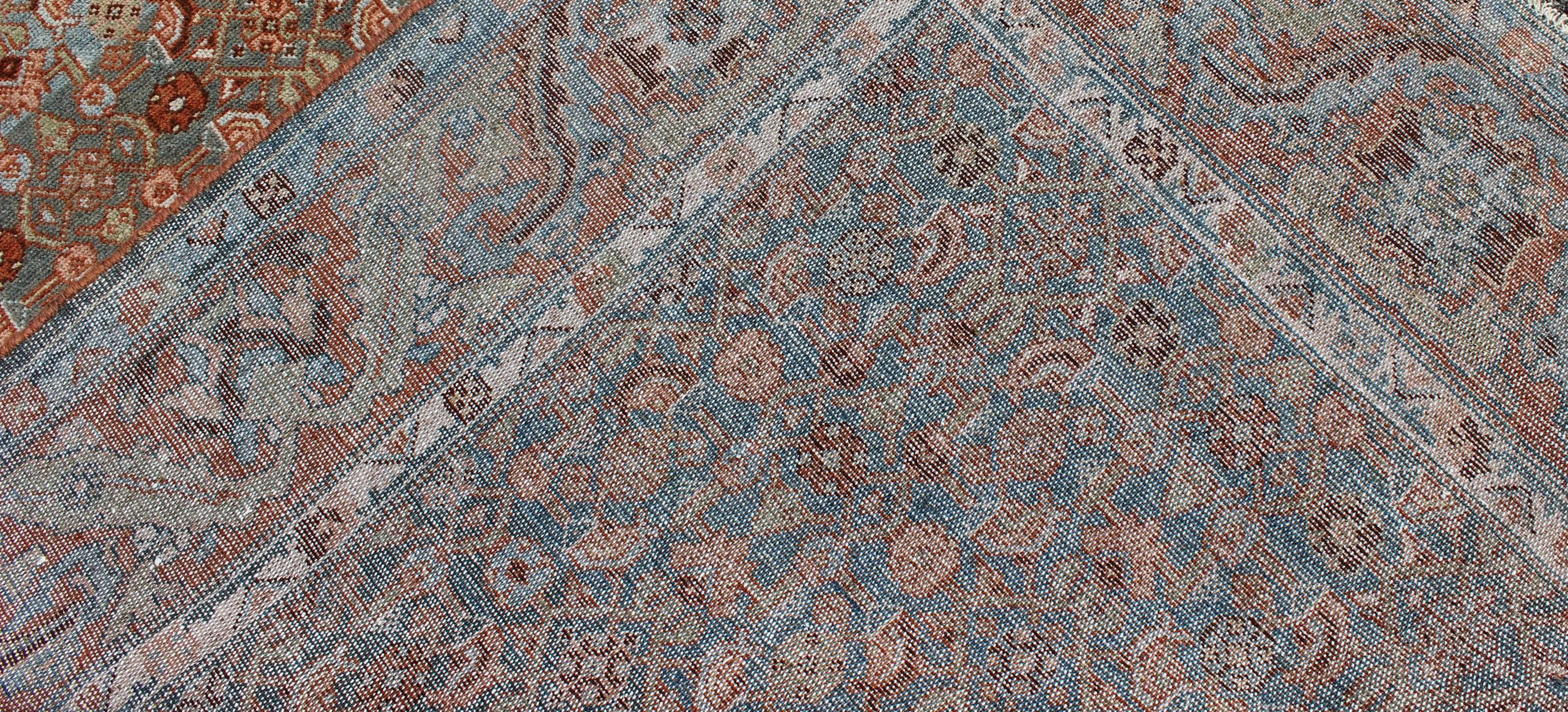 Multicolored Antique Persian Malayer Runner with Blue Background, Floral Motifs 3
