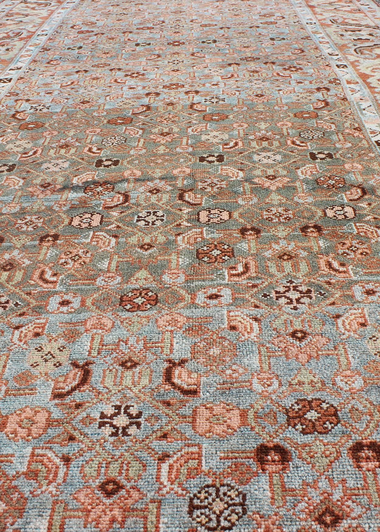 Multicolored Antique Persian Malayer Runner with Blue Background, Floral Motifs 2