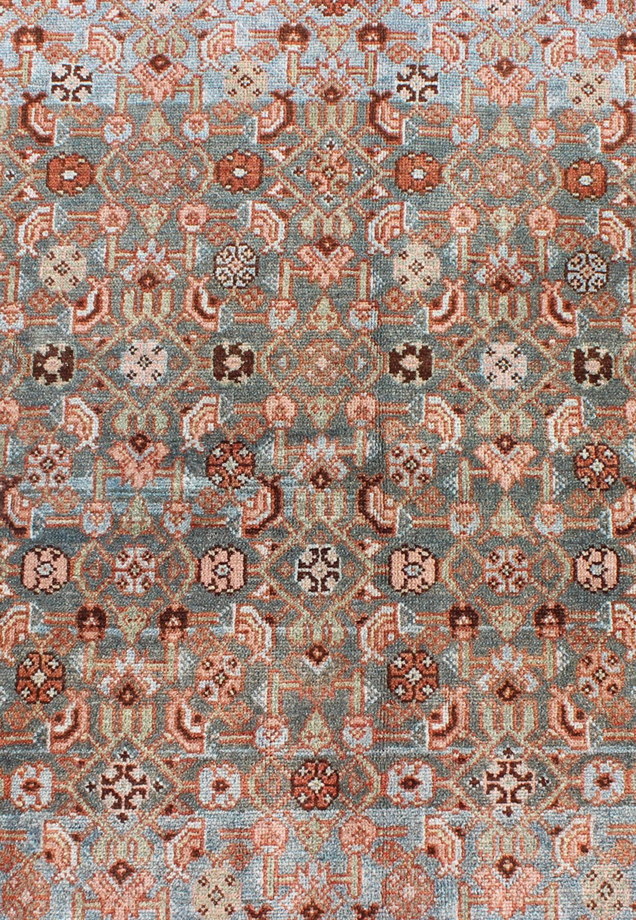 Wool Multicolored Antique Persian Malayer Runner with Blue Background, Floral Motifs