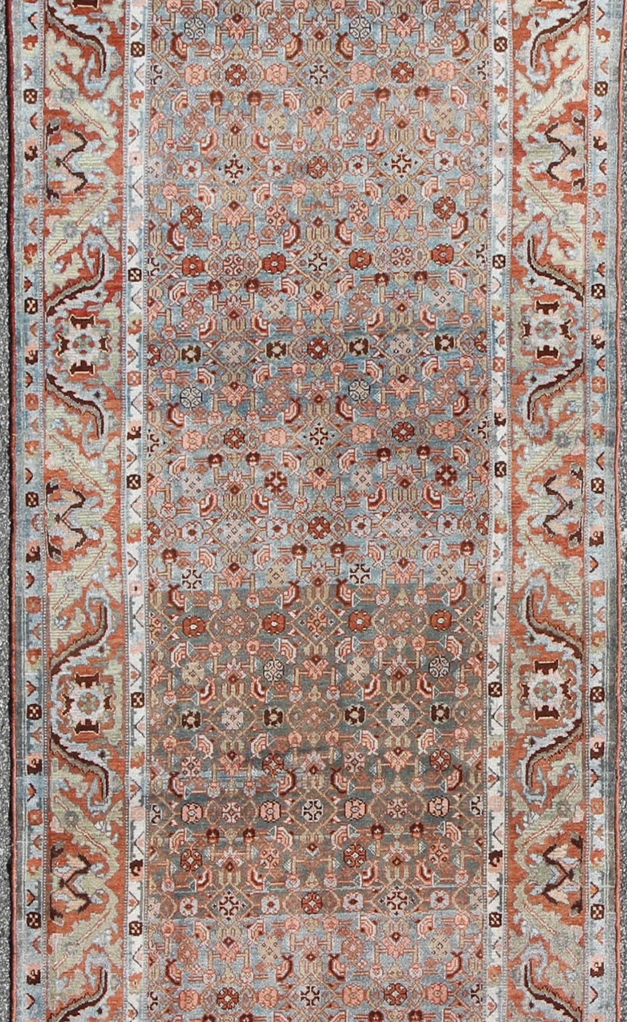 Hand-Knotted Multicolored Antique Persian Malayer Runner with Blue Background, Floral Motifs