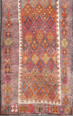 Colorful Vintage Turkish Oushak Runner with Repeating Diamond Geometric Design