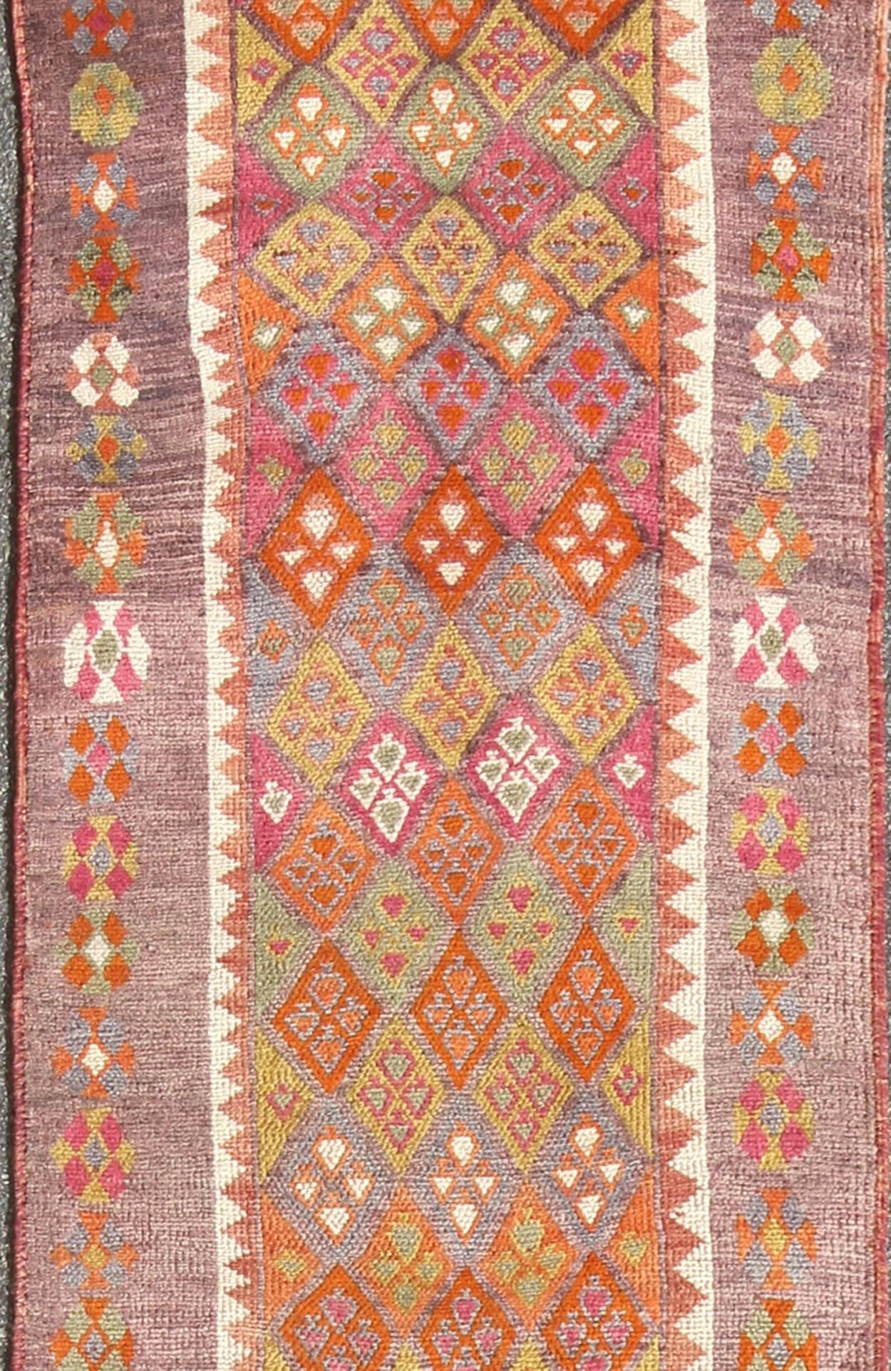 Hand-Knotted Colorful Vintage Turkish Oushak Runner with Repeating Diamond Geometric Design For Sale