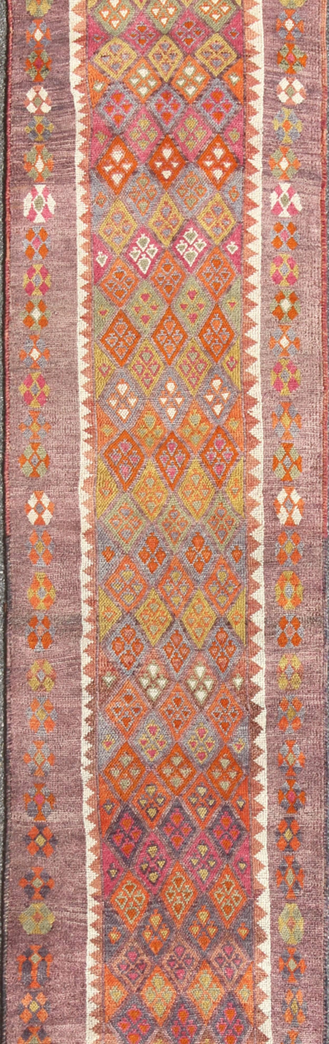 Colorful Vintage Turkish Oushak Runner with Repeating Diamond Geometric Design In Excellent Condition For Sale In Atlanta, GA