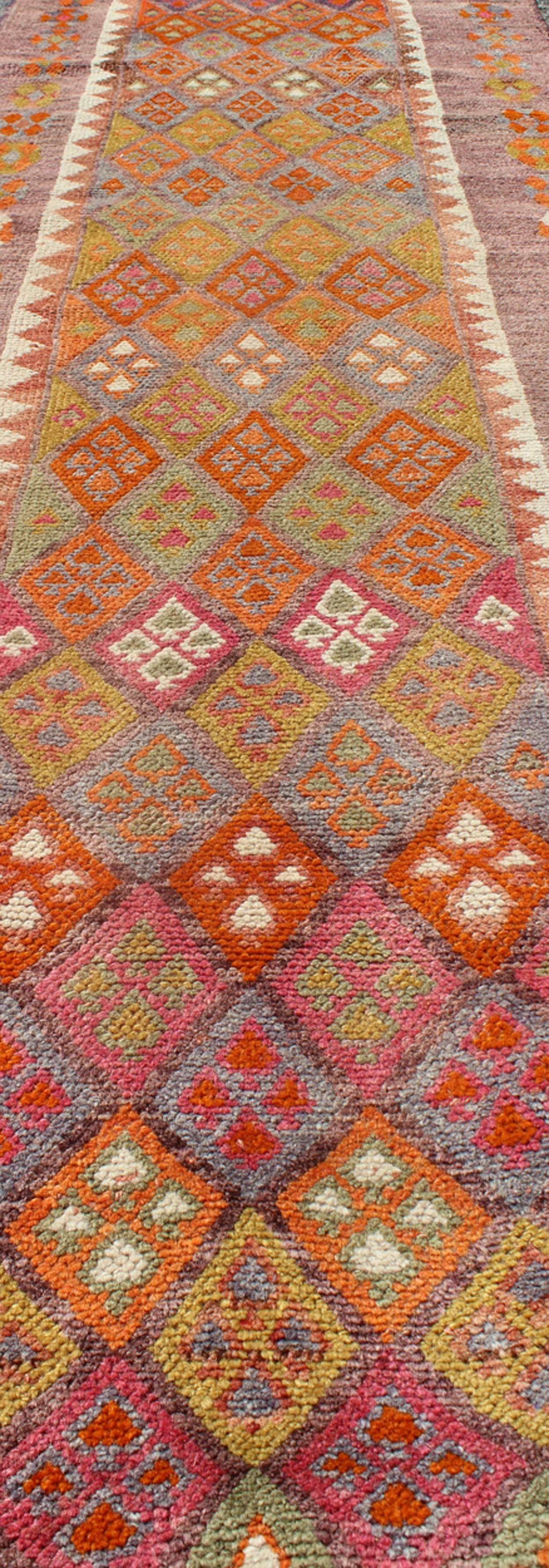 Wool Colorful Vintage Turkish Oushak Runner with Repeating Diamond Geometric Design For Sale