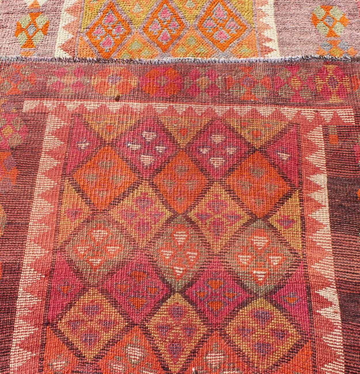Colorful Vintage Turkish Oushak Runner with Repeating Diamond Geometric Design For Sale 1