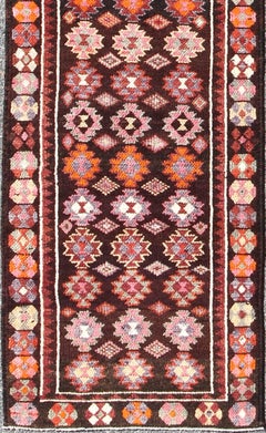 Colorful Vintage Turkish Oushak Runner with All-Over Geometric Design
