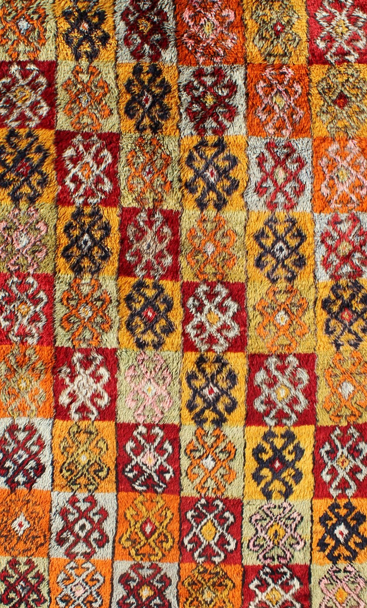 Hand-Knotted Tribal Checkerboard Design Vintage Turkish Tulu Rug with Bright Multi-Colors For Sale