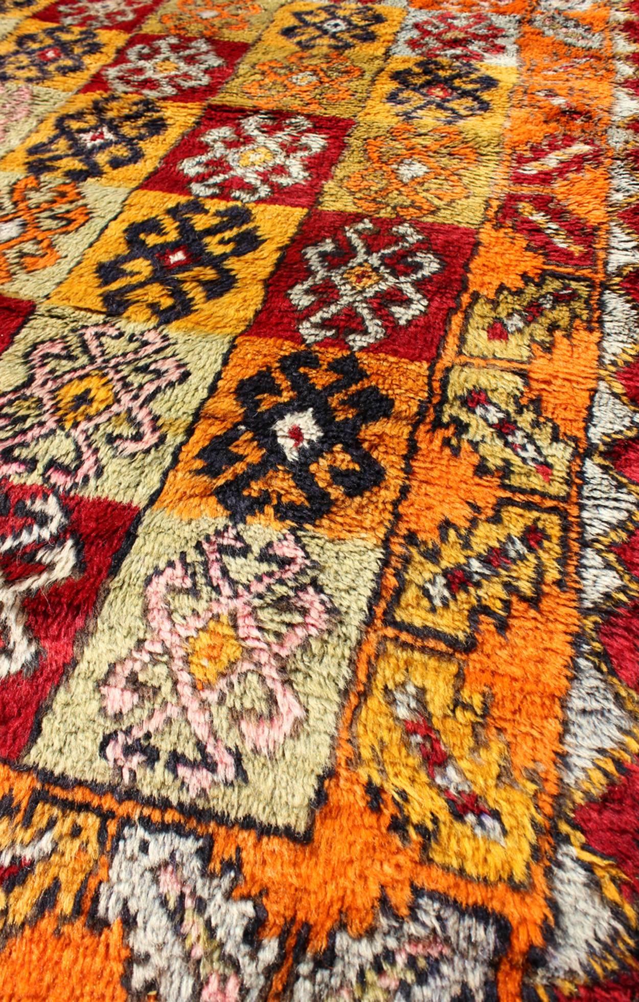 Mid-20th Century Tribal Checkerboard Design Vintage Turkish Tulu Rug with Bright Multi-Colors For Sale