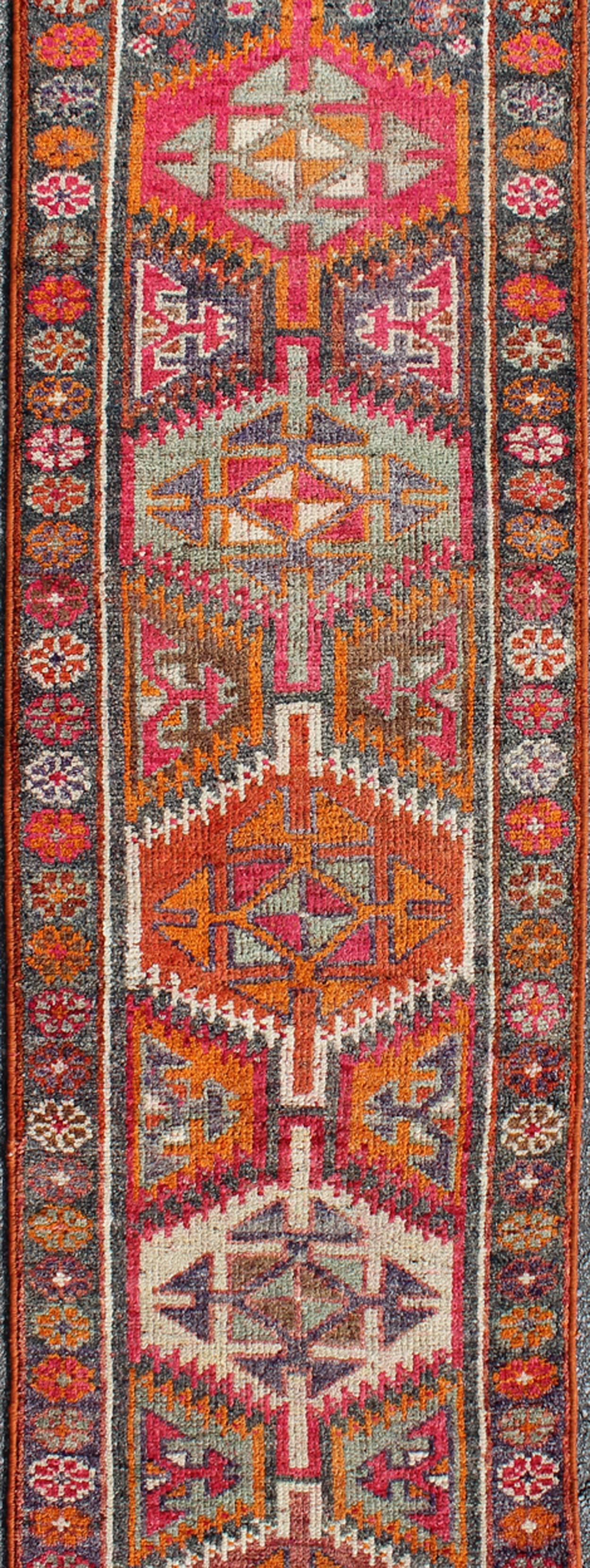 Hand-Knotted Vintage Turkish Oushak Runner with Four Colorful Tribal Medallions
