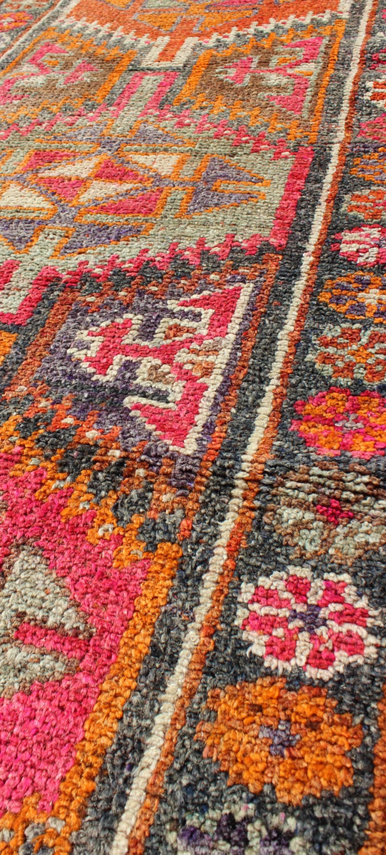 Mid-20th Century Vintage Turkish Oushak Runner with Four Colorful Tribal Medallions