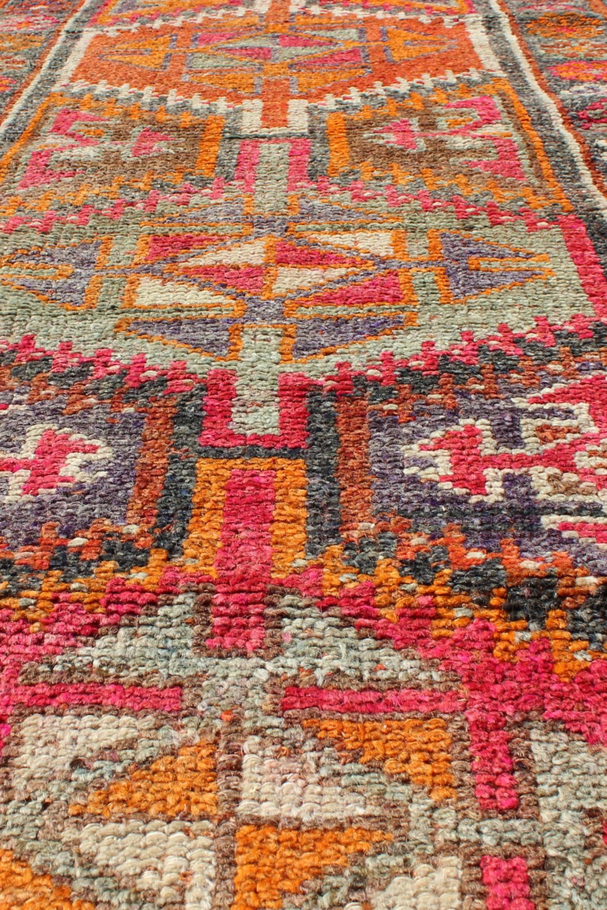 Wool Vintage Turkish Oushak Runner with Four Colorful Tribal Medallions