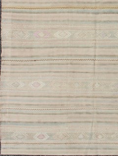 Vintage Turkish Kilim Rug with Neutral Horizontal Stripes and Geometric Designs