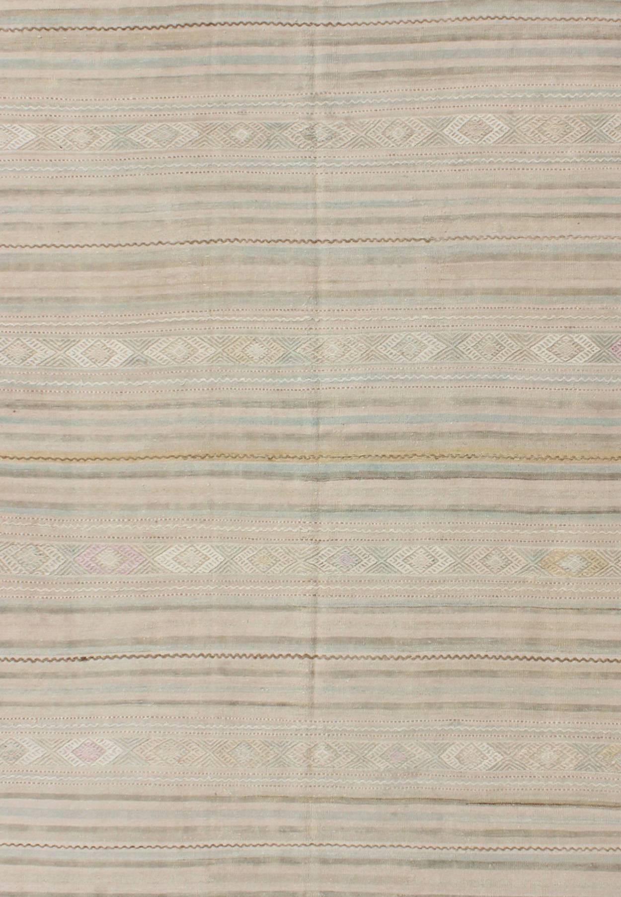 Hand-Woven Vintage Turkish Kilim Rug with Neutral Horizontal Stripes and Geometric Designs For Sale