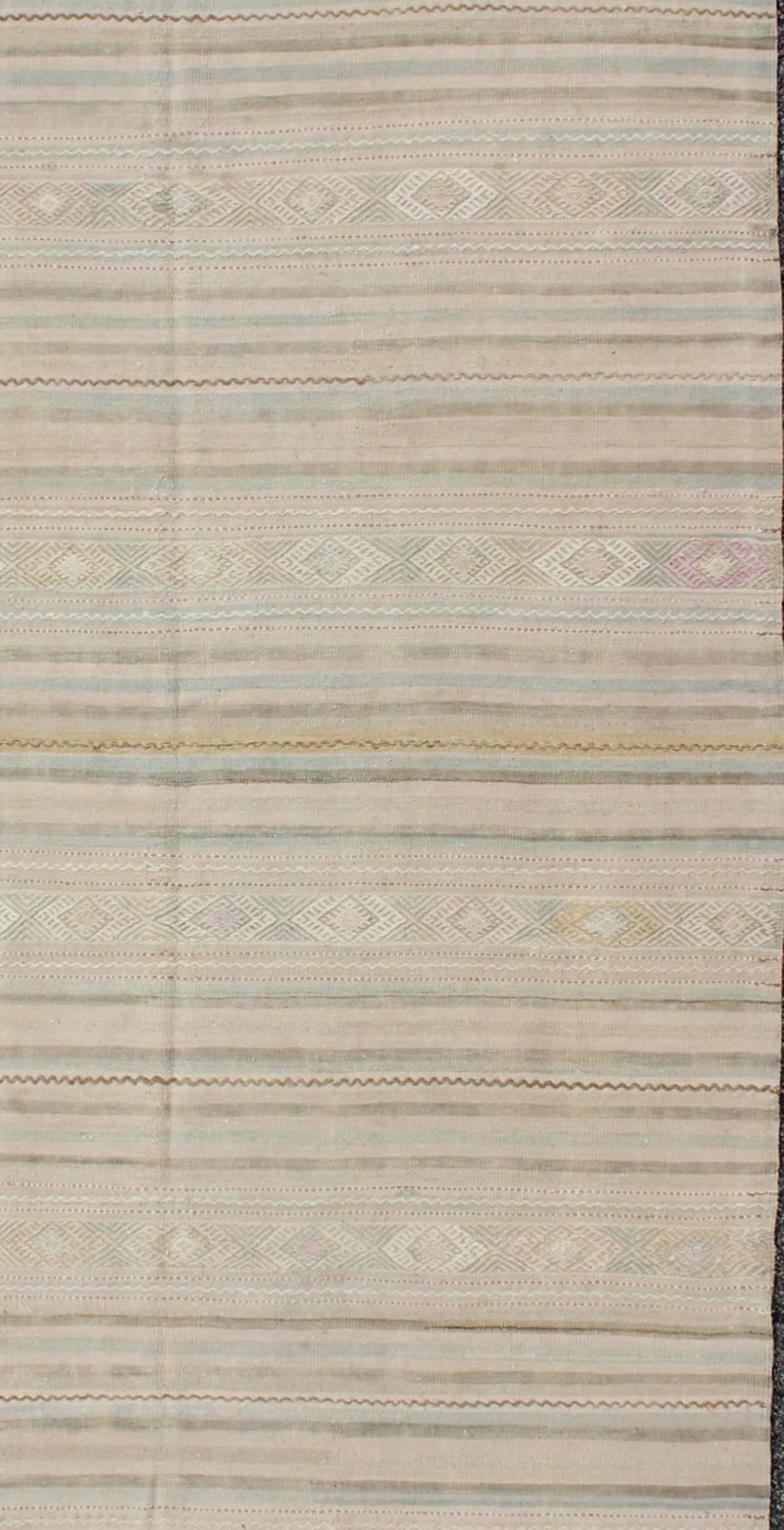 Vintage Turkish Kilim Rug with Neutral Horizontal Stripes and Geometric Designs In Excellent Condition For Sale In Atlanta, GA