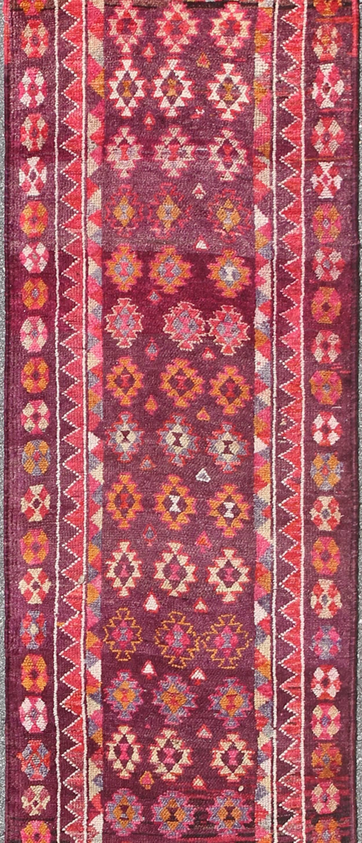Colorful vintage Turkish Oushak Long runner in Purple & Plum background In Excellent Condition For Sale In Atlanta, GA