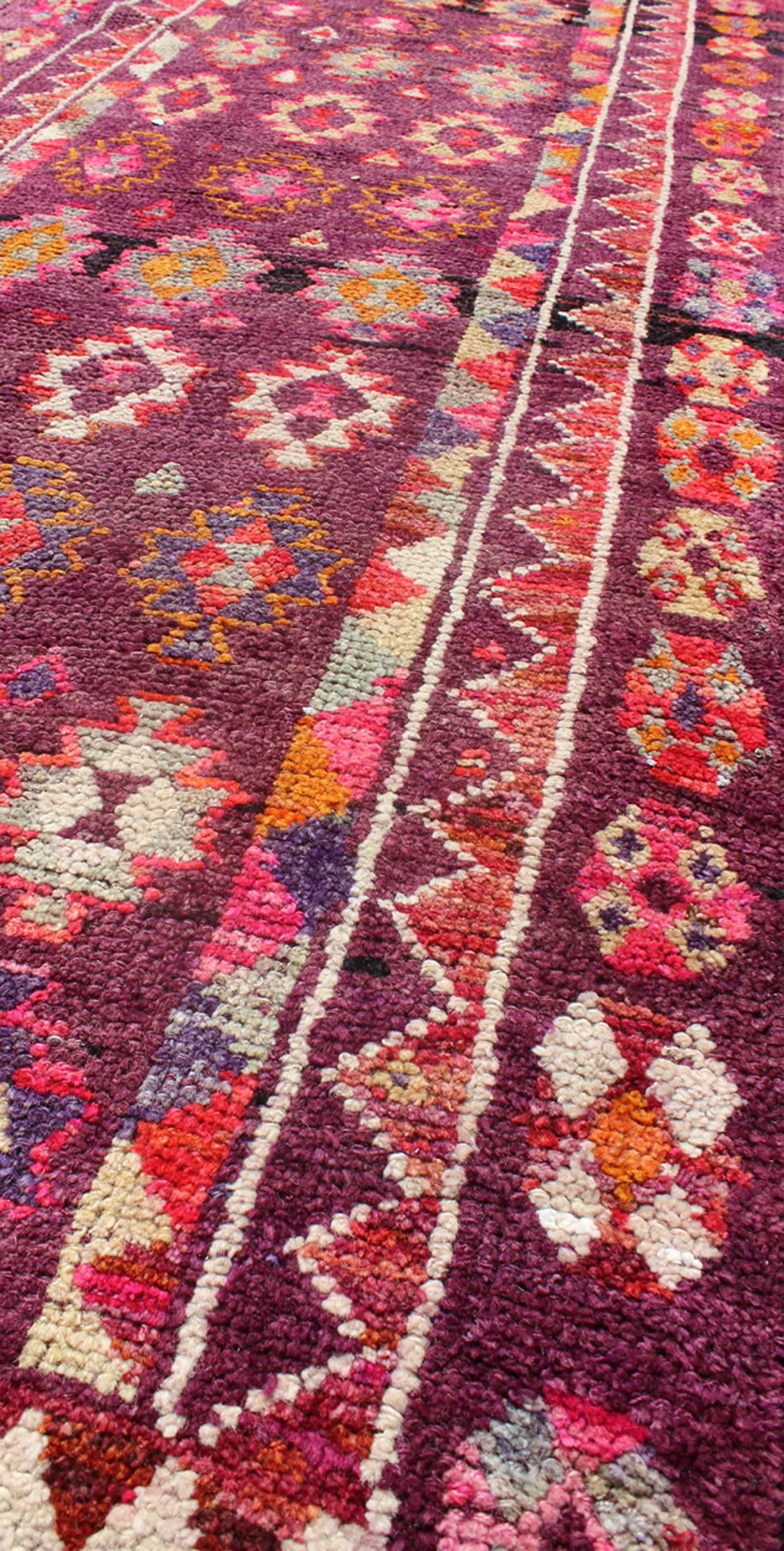 Mid-20th Century Colorful vintage Turkish Oushak Long runner in Purple & Plum background For Sale