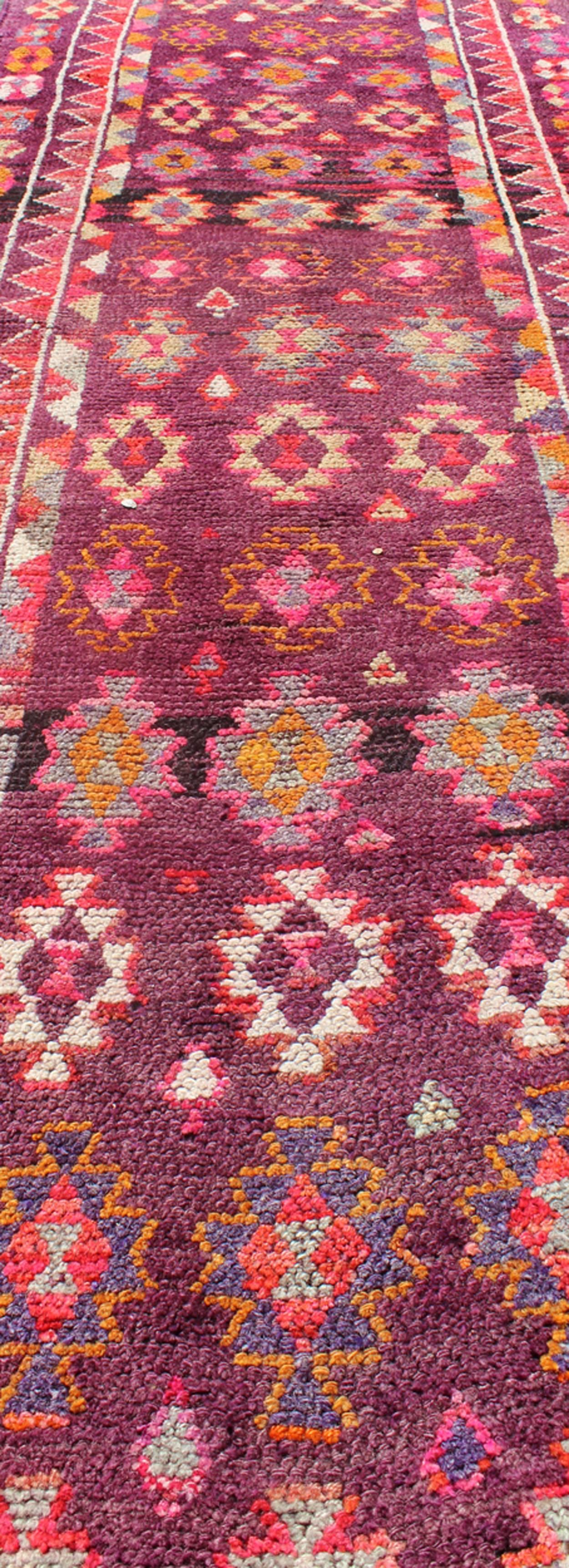 Wool Colorful vintage Turkish Oushak Long runner in Purple & Plum background For Sale