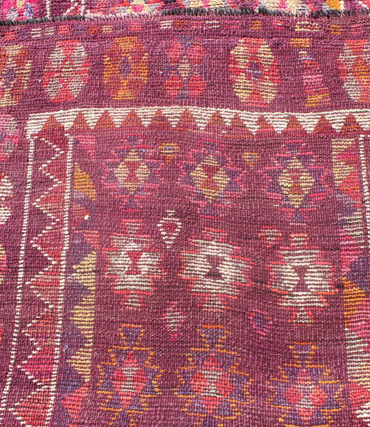 Colorful vintage Turkish Oushak Long runner in Purple & Plum background For Sale 1