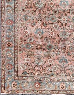 Antique Persian Sultanabad Rug with Soft Salmon Field and Light Blue Border