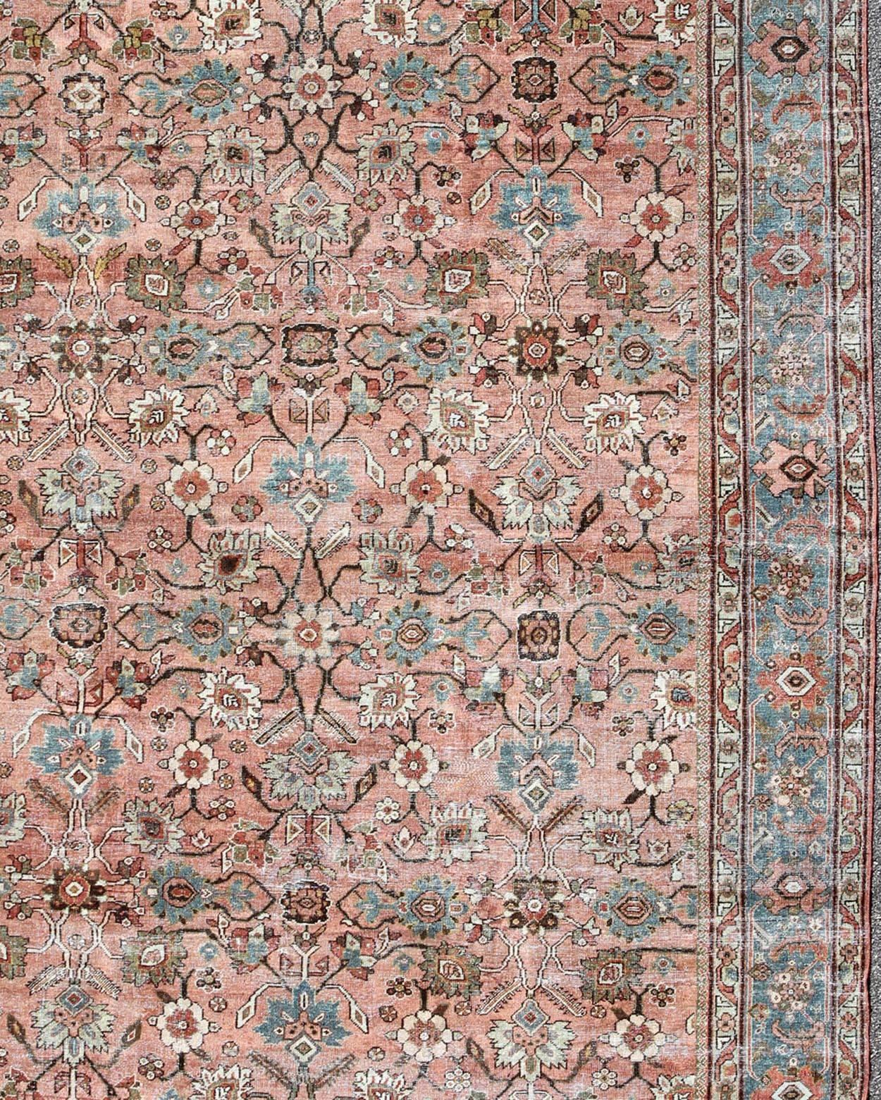 Hand-Knotted Antique Distressed Persian Sultanabad Rug with Burnt Orange Field, Blue Border For Sale