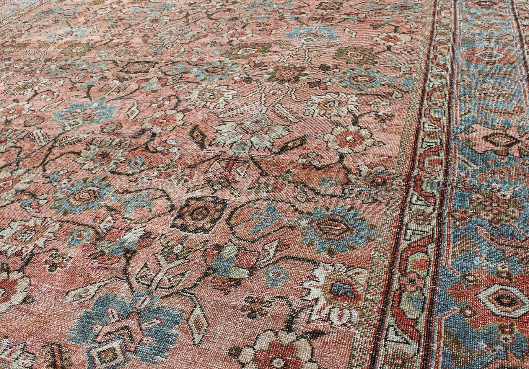 Antique Distressed Persian Sultanabad Rug with Burnt Orange Field, Blue Border In Distressed Condition For Sale In Atlanta, GA