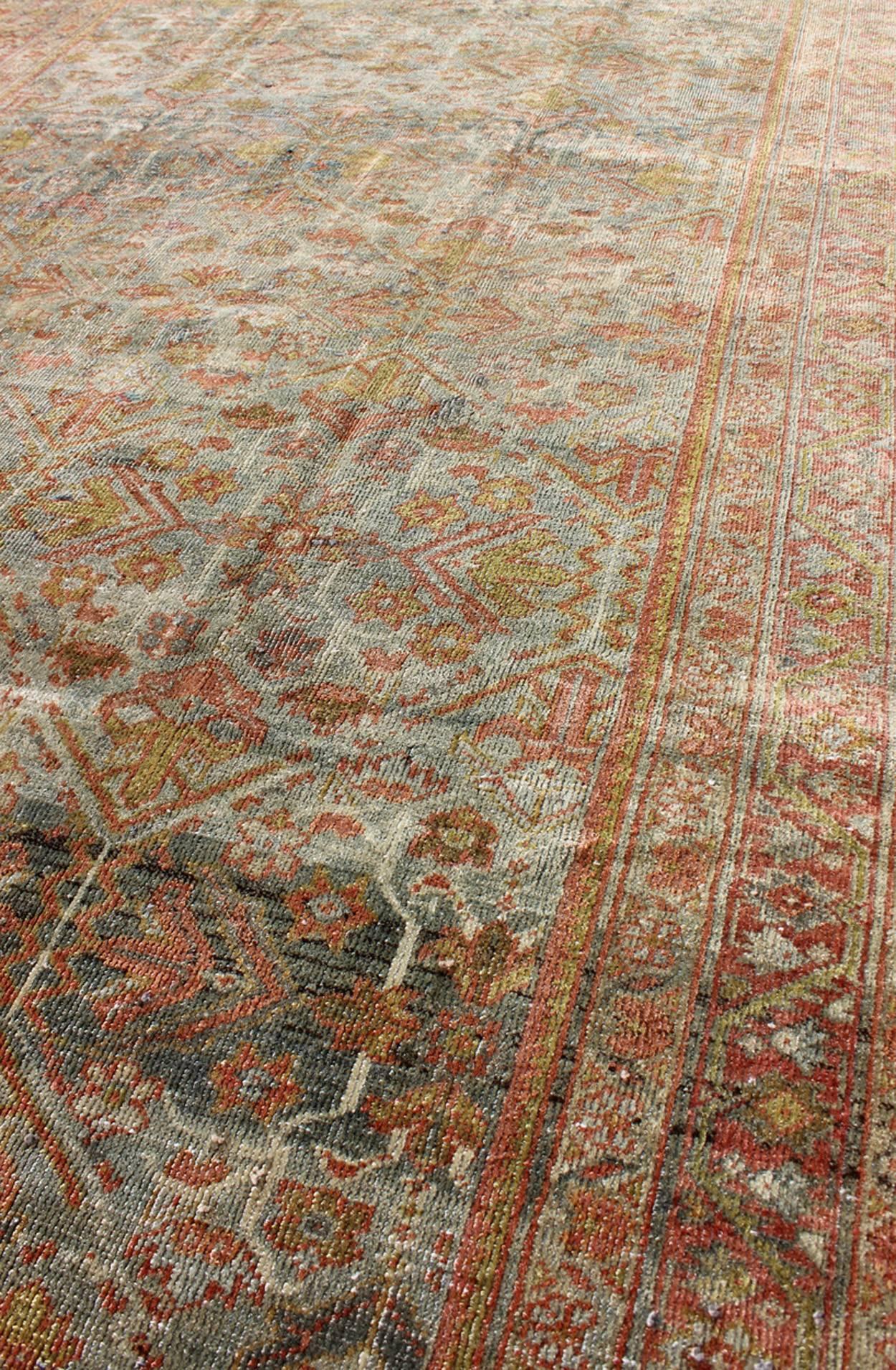 Sultanabad Antique Persian Mahal Rug with Flowing Floral Pattern in Gray, Red, Acid Yellow