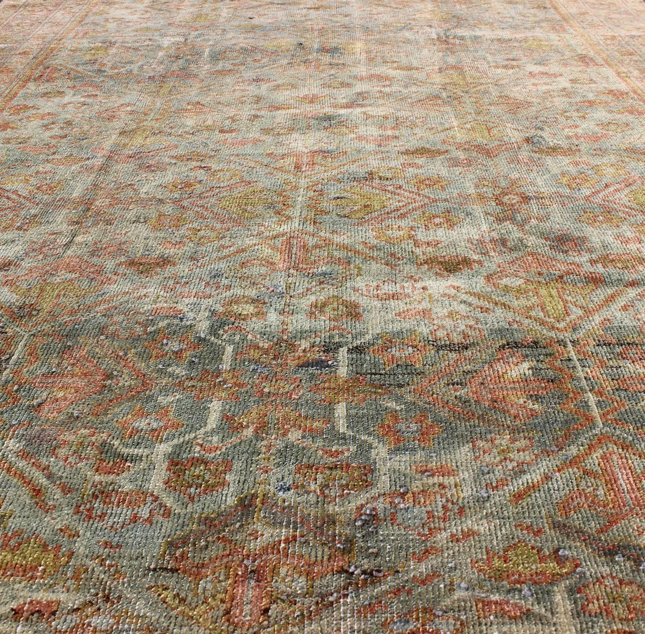 Hand-Knotted Antique Persian Mahal Rug with Flowing Floral Pattern in Gray, Red, Acid Yellow