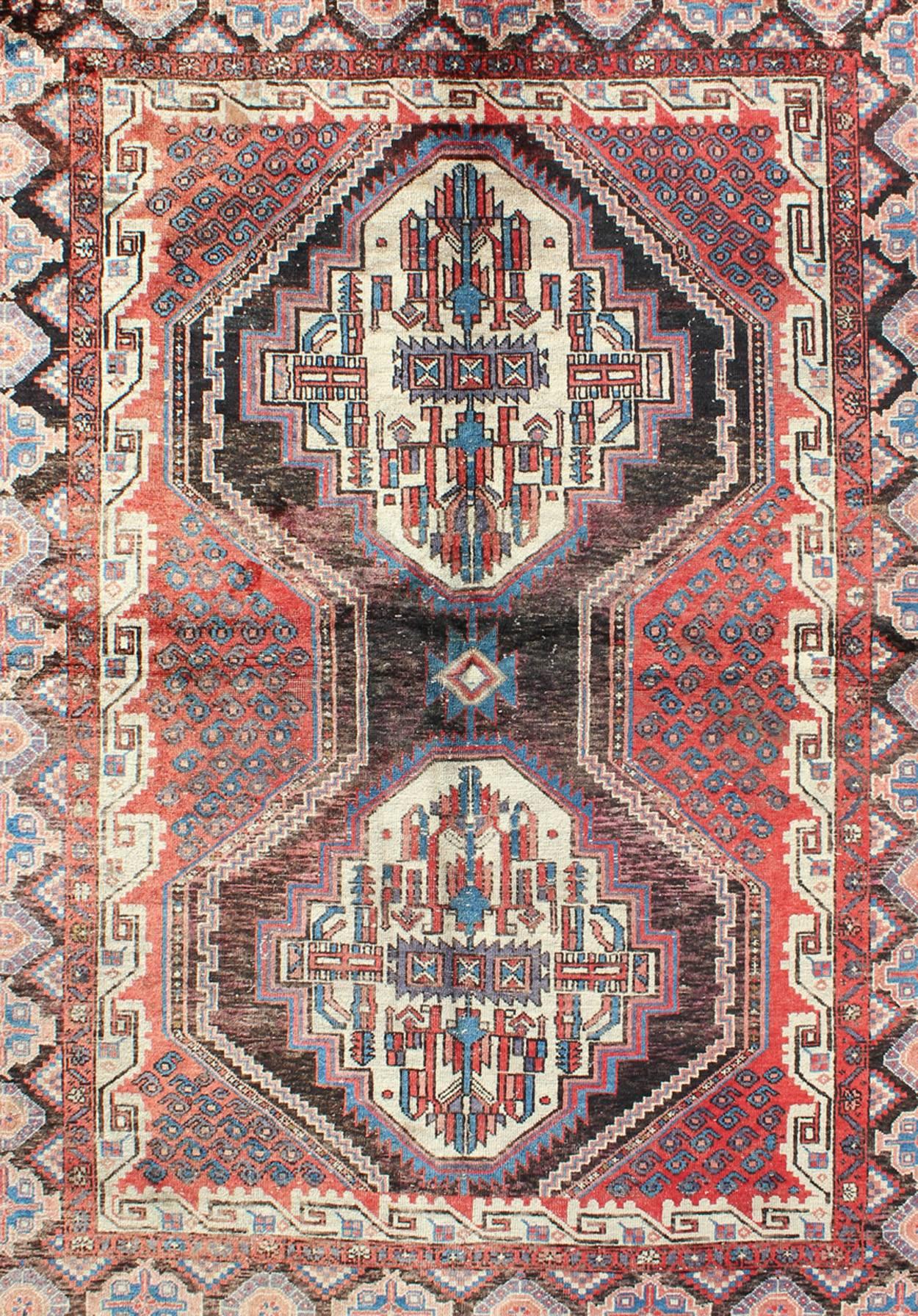 Tribal Dual Medallion Vintage Persian Seejan Rug in Red, Charcoal, Blue, and Brown