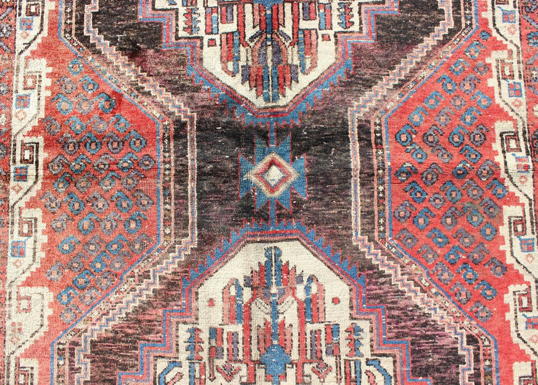 Mid-20th Century Dual Medallion Vintage Persian Seejan Rug in Red, Charcoal, Blue, and Brown