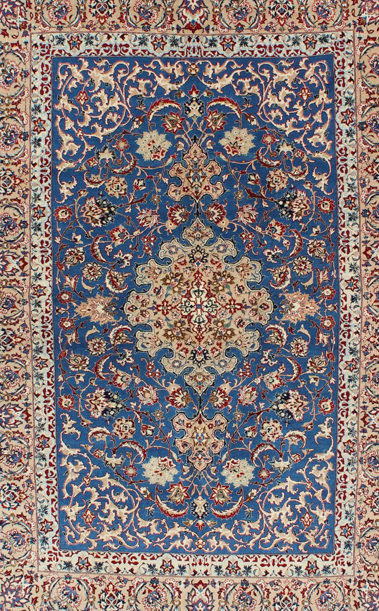 Tabriz Very Fine Silk & Wool Isfahan Rug with Intricate Florals in Blue Persian  For Sale