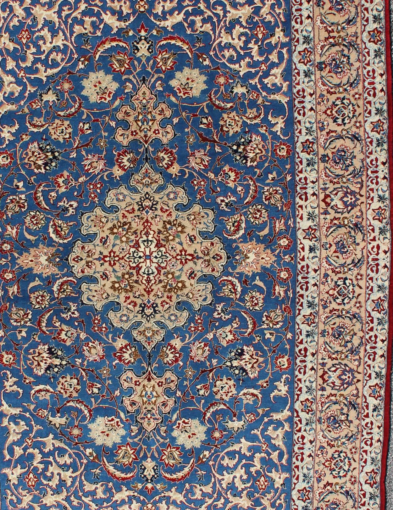 Hand-Knotted Very Fine Silk & Wool Isfahan Rug with Intricate Florals in Blue Persian  For Sale