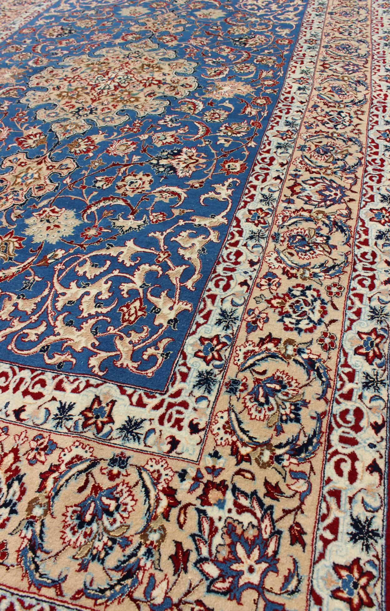 Very Fine Silk & Wool Isfahan Rug with Intricate Florals in Blue Persian  In Excellent Condition For Sale In Atlanta, GA