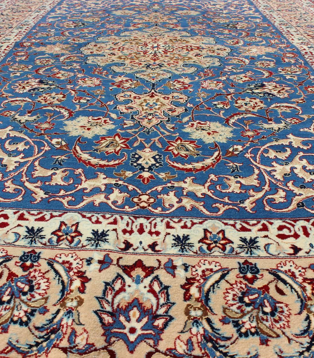 Mid-20th Century Very Fine Silk & Wool Isfahan Rug with Intricate Florals in Blue Persian  For Sale
