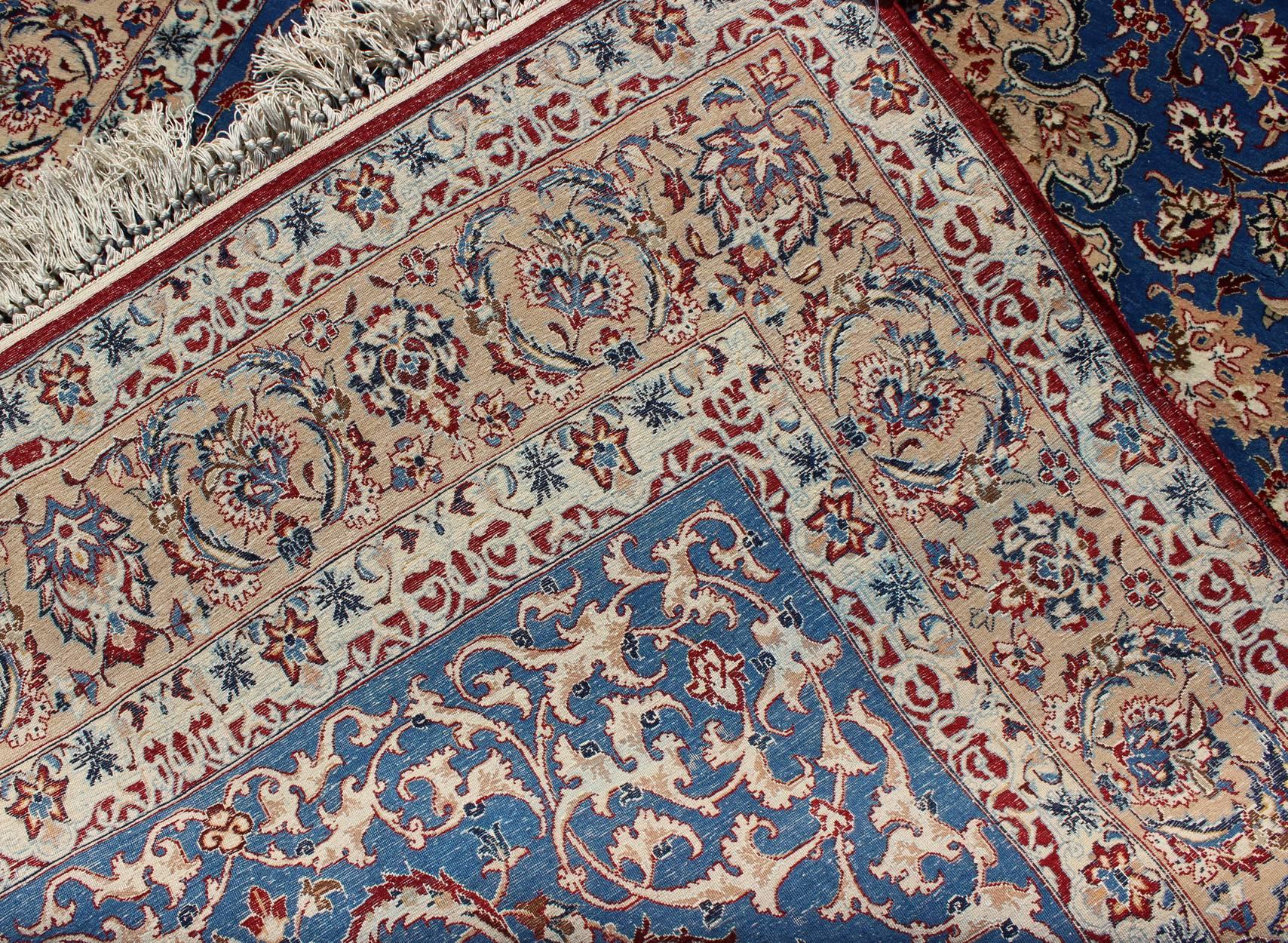 Very Fine Silk & Wool Isfahan Rug with Intricate Florals in Blue Persian  For Sale 1