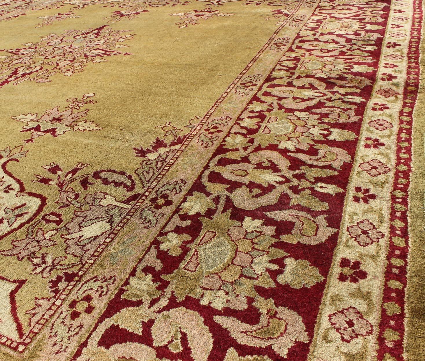 Wool Late 19th Century Antique Indian Agra Rug in Green and Burgundy With Medallion For Sale
