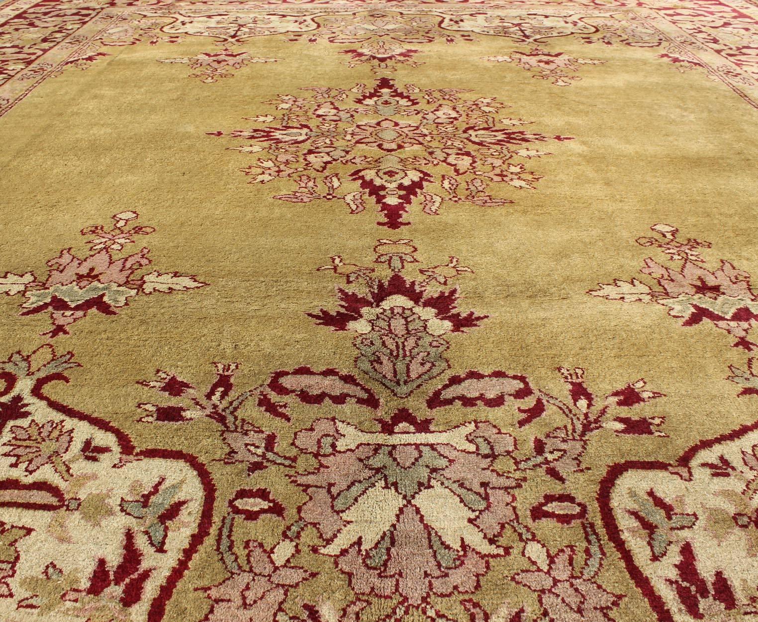 Late 19th Century Antique Indian Agra Rug in Green and Burgundy With Medallion For Sale 1