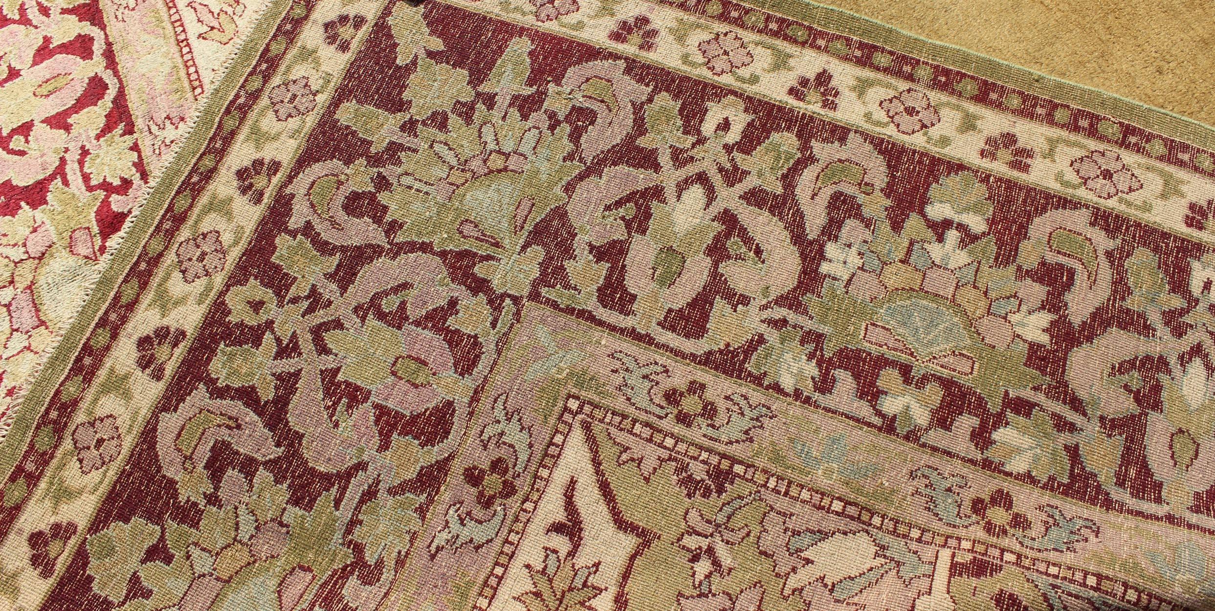 Late 19th Century Antique Indian Agra Rug in Green and Burgundy With Medallion For Sale 2