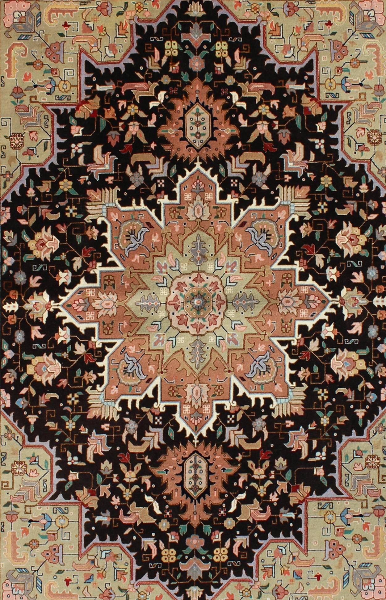 Hand-Knotted Fine Weave Persian Vintage Tabriz Carpet with Intricate Design in Black Color For Sale