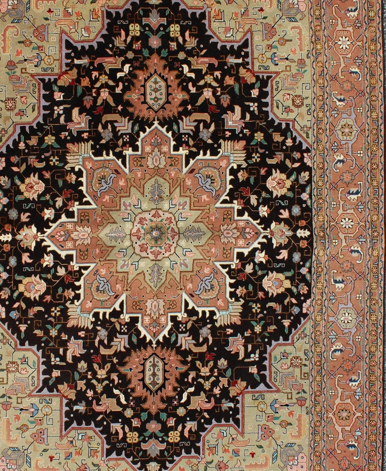 Fine Weave Persian Vintage Tabriz Carpet with Intricate Design in Black Color In Excellent Condition For Sale In Atlanta, GA