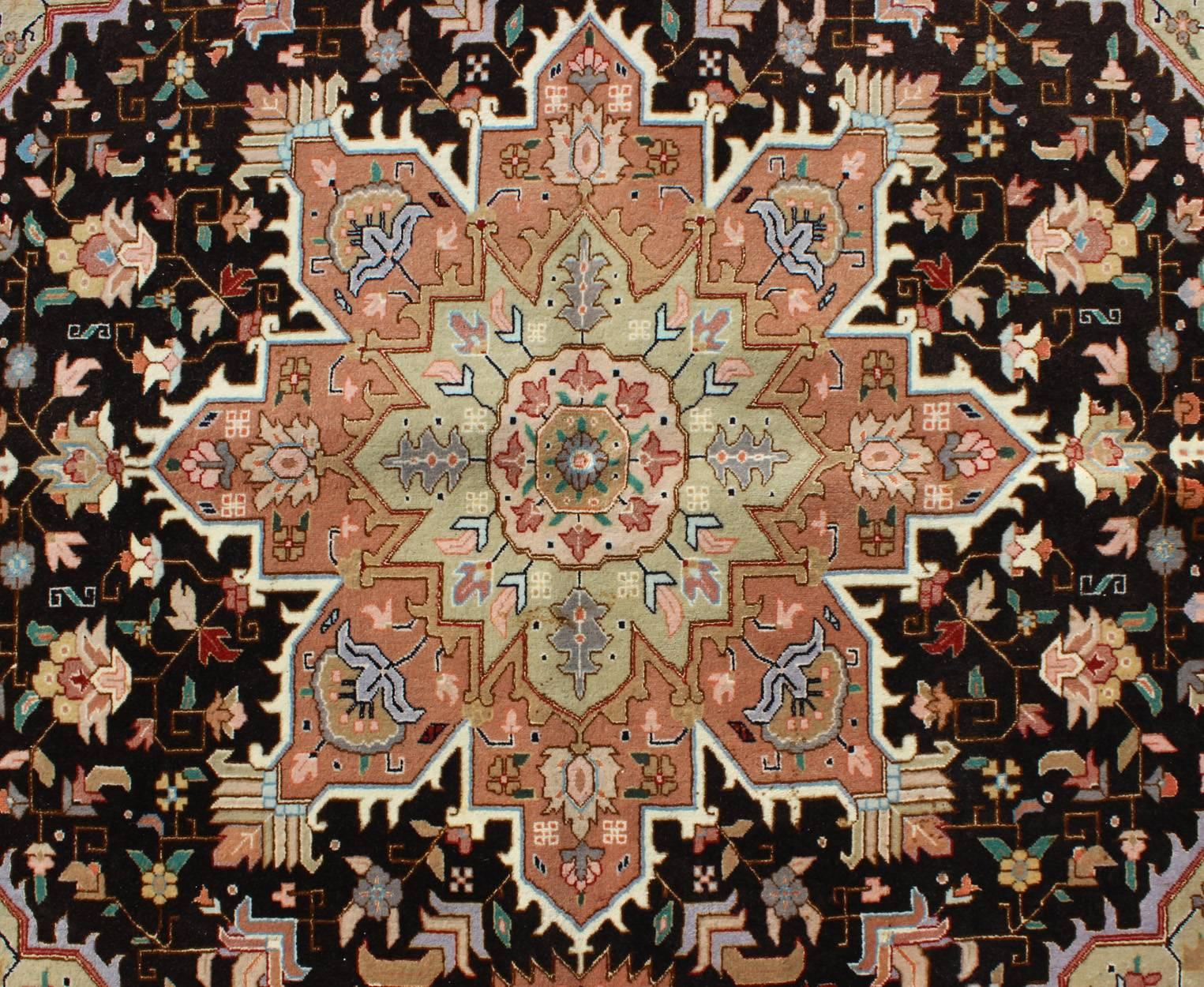 Wool Fine Weave Persian Vintage Tabriz Carpet with Intricate Design in Black Color For Sale