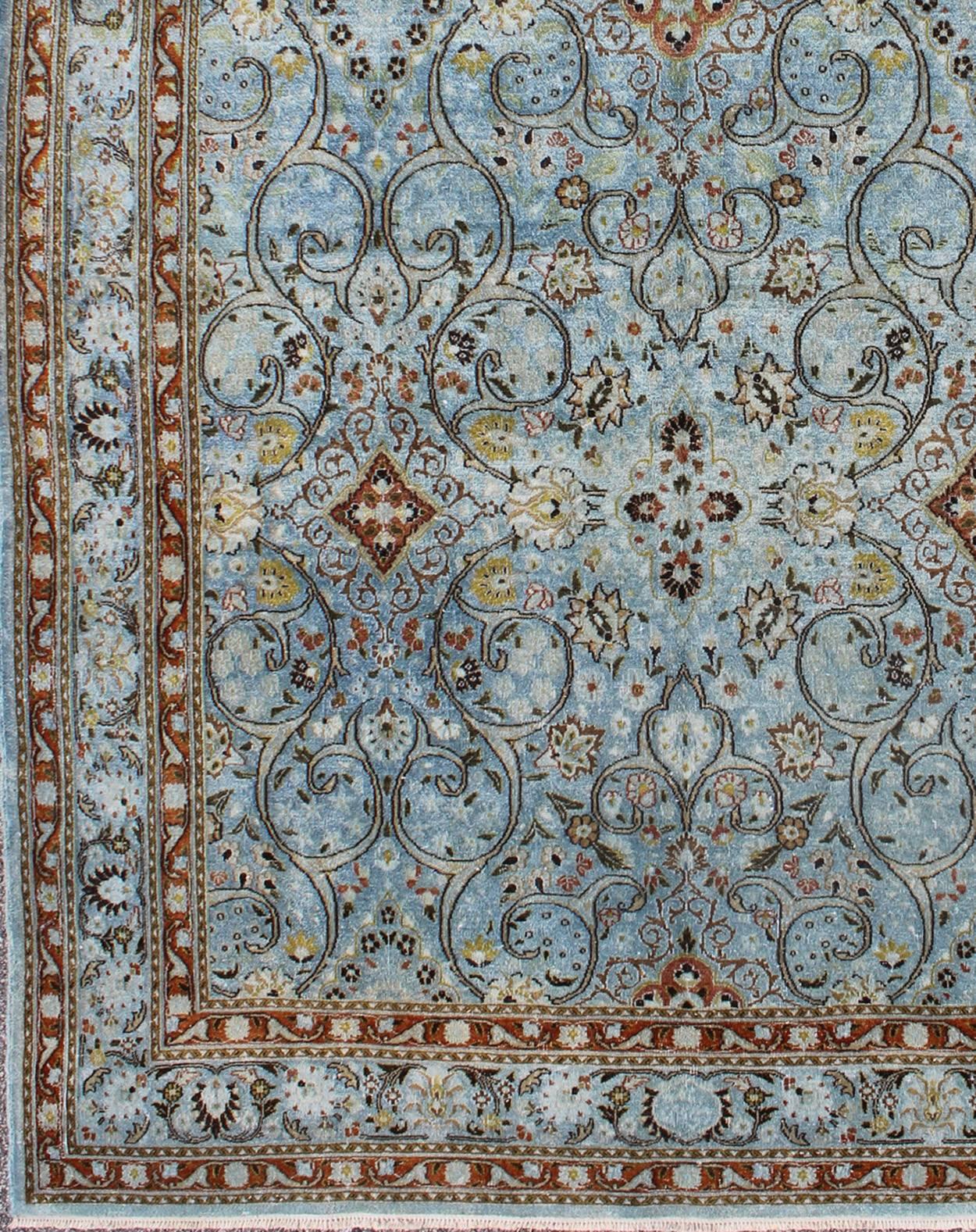 Ice blue ornate sweeping floral pattern Khorassan Vintage Persian rug, rug 17-1105 , country of origin / type: Iran / Khorassan, circa 1920

This spectacular vintage Persian Khorasan carpet from mid-20th century Iran bears a magnificent splendor