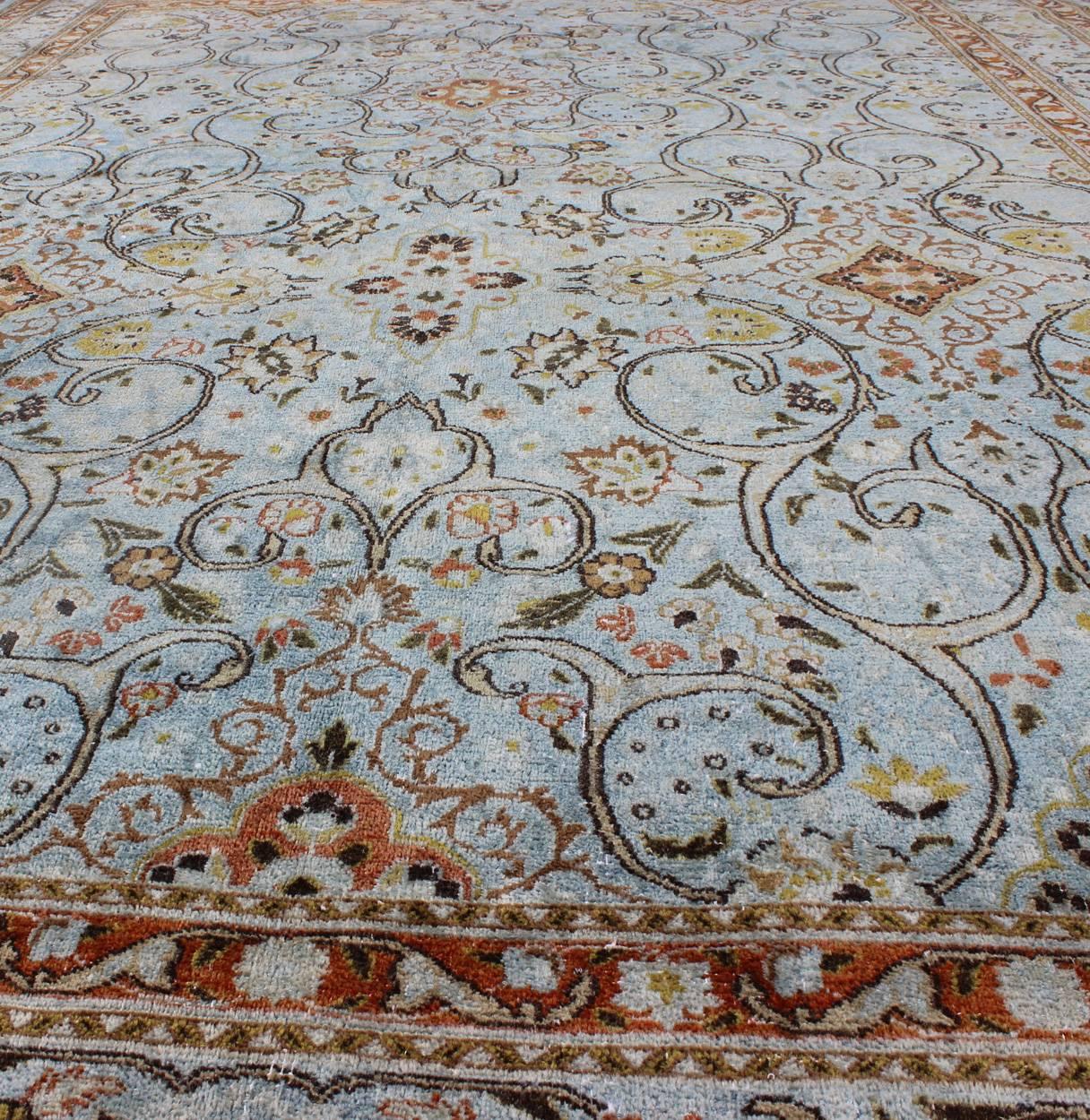 Hand-Knotted Ice Blue Ornate Sweeping Floral Pattern Khorassan Vintage Persian Rug For Sale