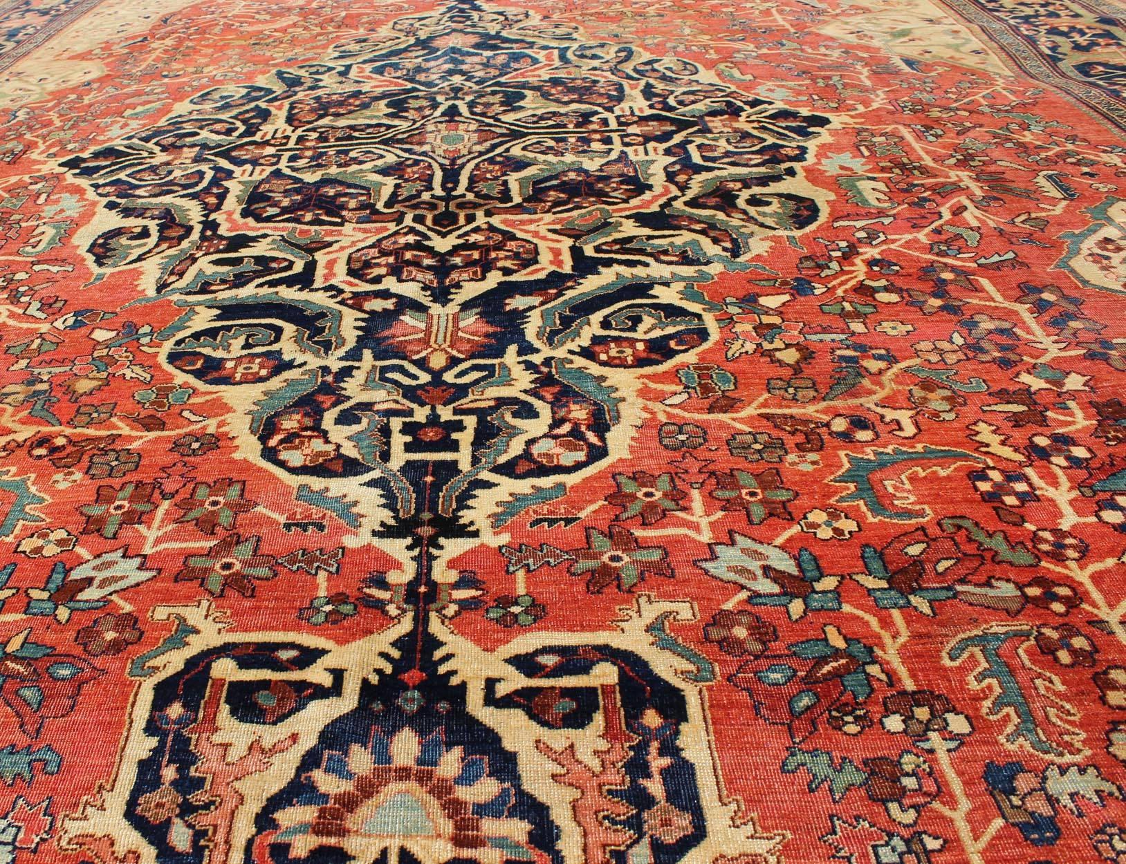 Hand-Knotted Multi-Layered Medallion Antique Persian Sarouk-Ferahan Rug in Red and Blue