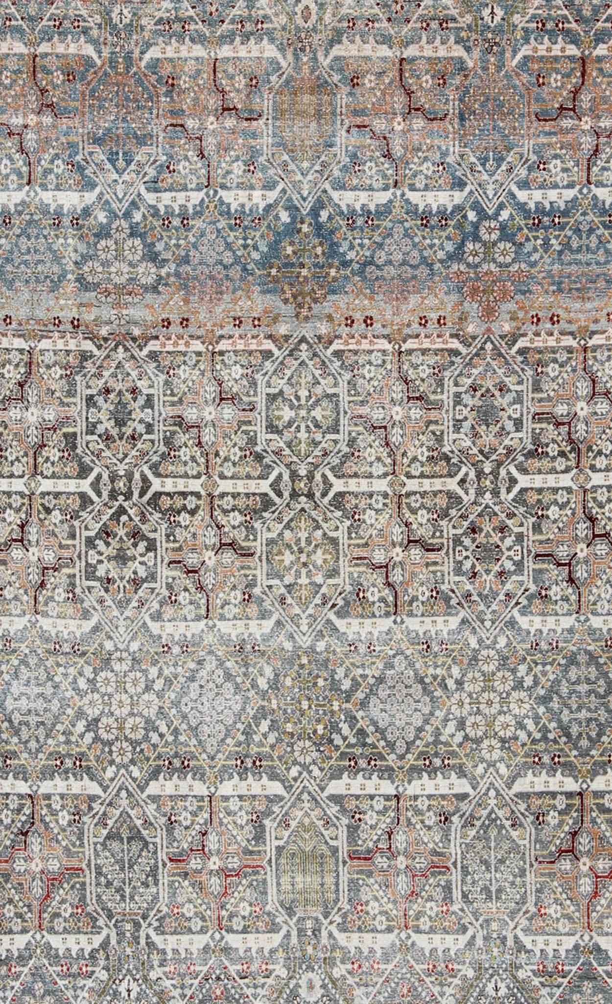 Tribal Tapis persan ancien Joshegan à fond bleu avec motif sous-géométrique sur toute sa surface en vente
