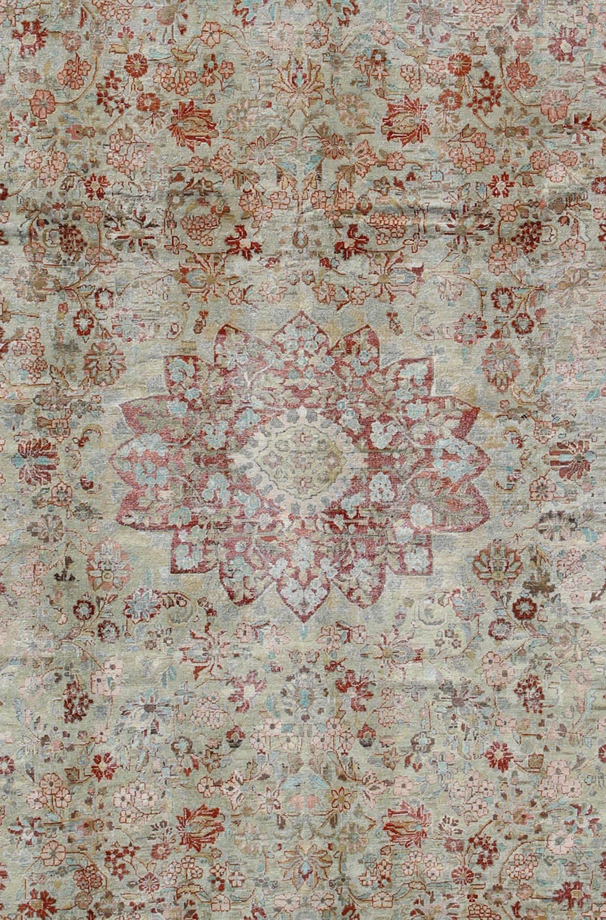 Hand-Knotted Antique Persian Sultanabad with Floral Design in Coral Pink and Light Green For Sale